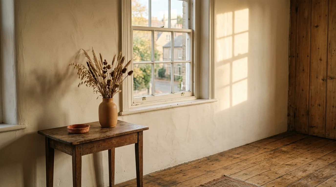 Ruhige Bürowand mit hohem Fenster, Holztisch und Steingutvase mit Trockengräsern